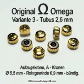 Original Omega Kronen vergoldet, Omega Krone für Tubus 2,5 mm in verschiedenen Varianten und Durchmessern