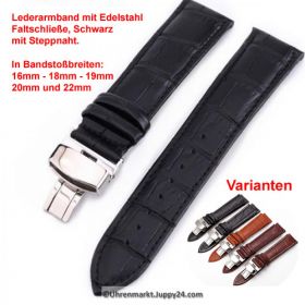 Lederband mit Faltschließe in Edelstahl - Schwarz mit Steppnaht 16 - 22 mm